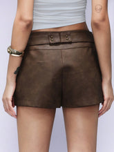 Aveloria Affinna Vintage American Edgy Studded Ring Design Faux Leather Skort, Low Waist Front Skirt Back Shorts For Women